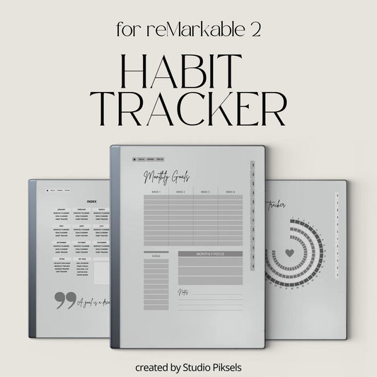2026 Habit Tracker PDF for reMarkable 2 and Paper Pure with grayscale habit tracking pages, goal planners, and hyperlinked productivity layouts.