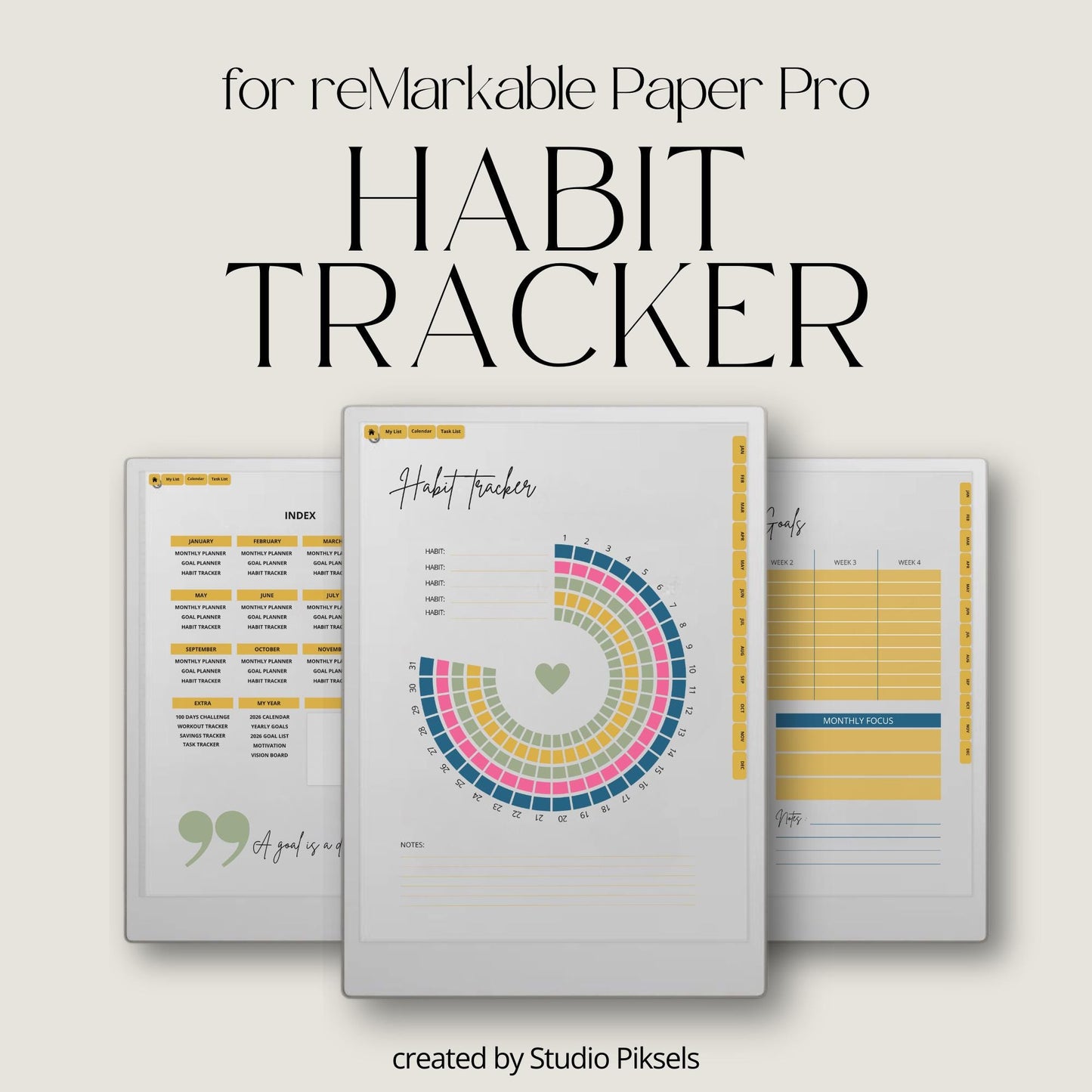 2026 Habit Tracker for reMarkable Paper Pro with hyperlinked monthly habit tracking pages, goal planners, task trackers, savings trackers, and yearly planning tools. 
