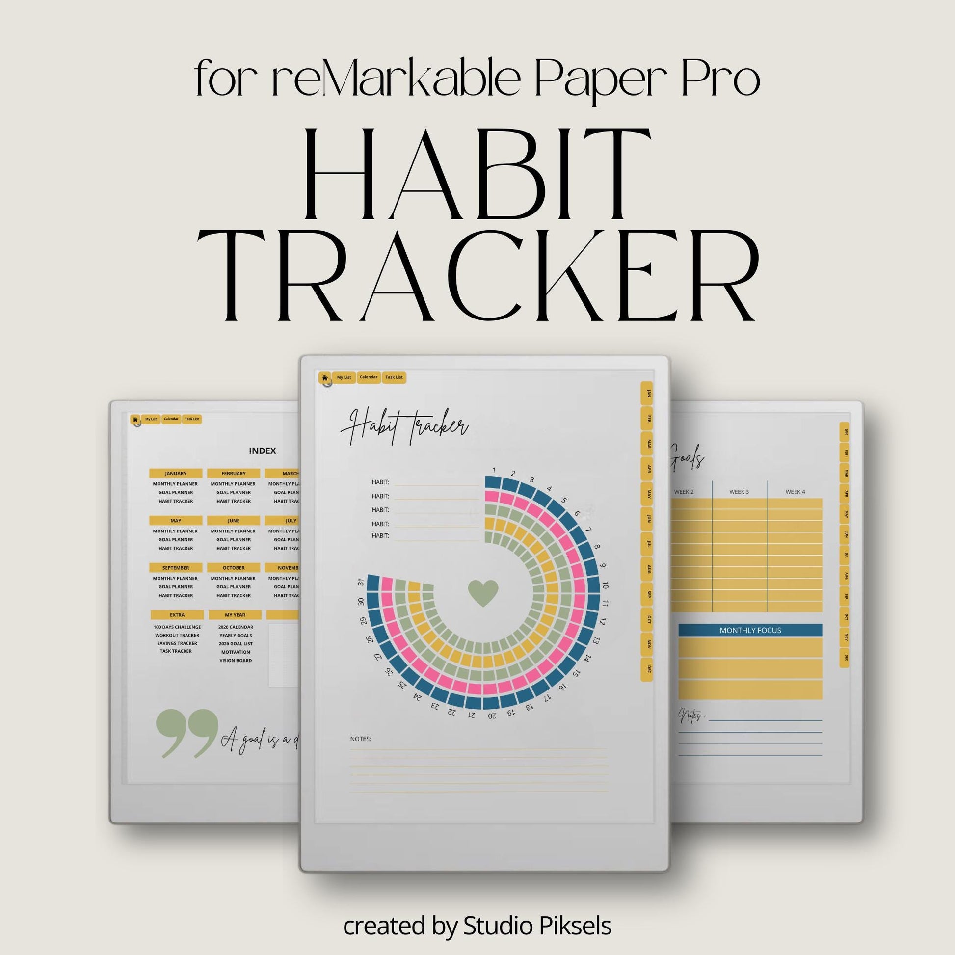 2026 Habit Tracker for reMarkable Paper Pro with hyperlinked monthly habit tracking pages, goal planners, task trackers, savings trackers, and yearly planning tools. 
