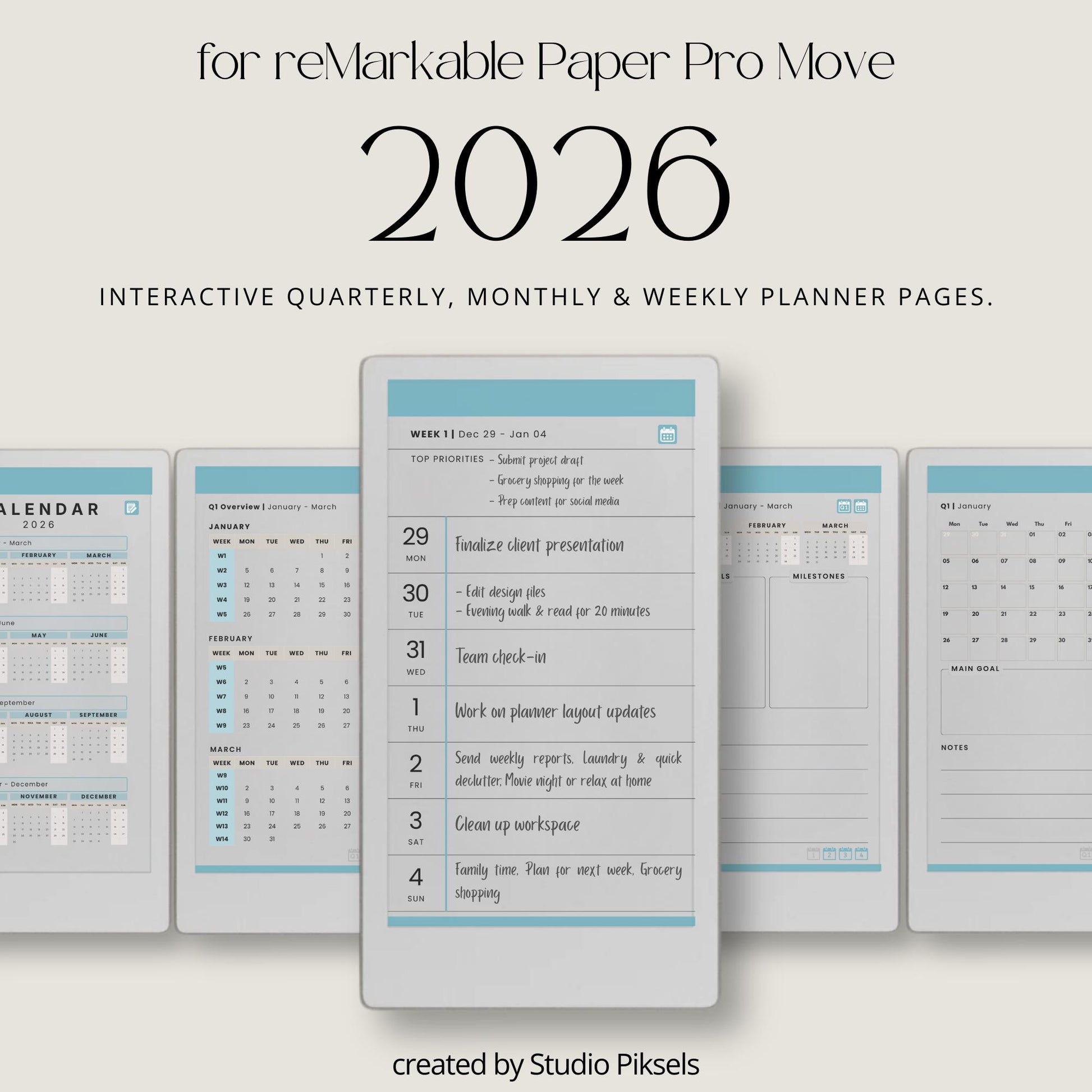 2026 hyperlinked planner for reMarkable Paper Pro Move with weekly and monthly planning pages.
