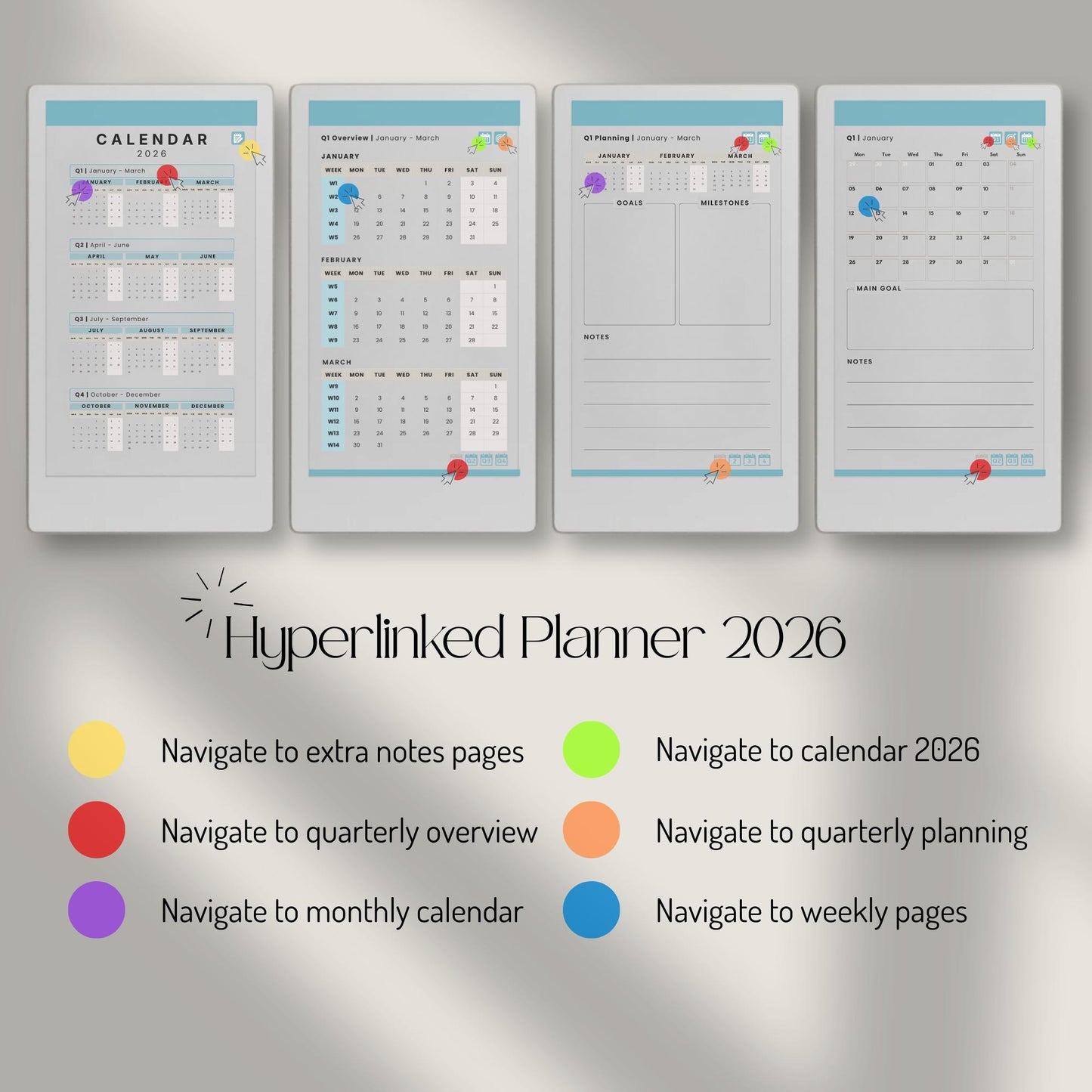 2026 hyperlinked planner for reMarkable Paper Pro Move with weekly and monthly planning pages.