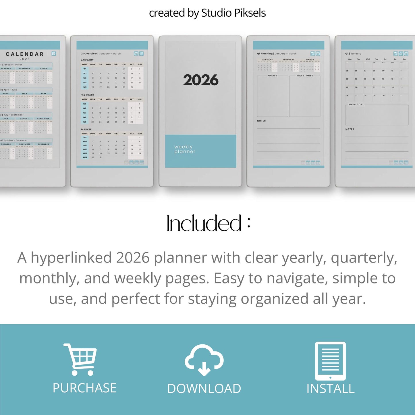 2026 hyperlinked planner for reMarkable Paper Pro Move with weekly and monthly planning pages.