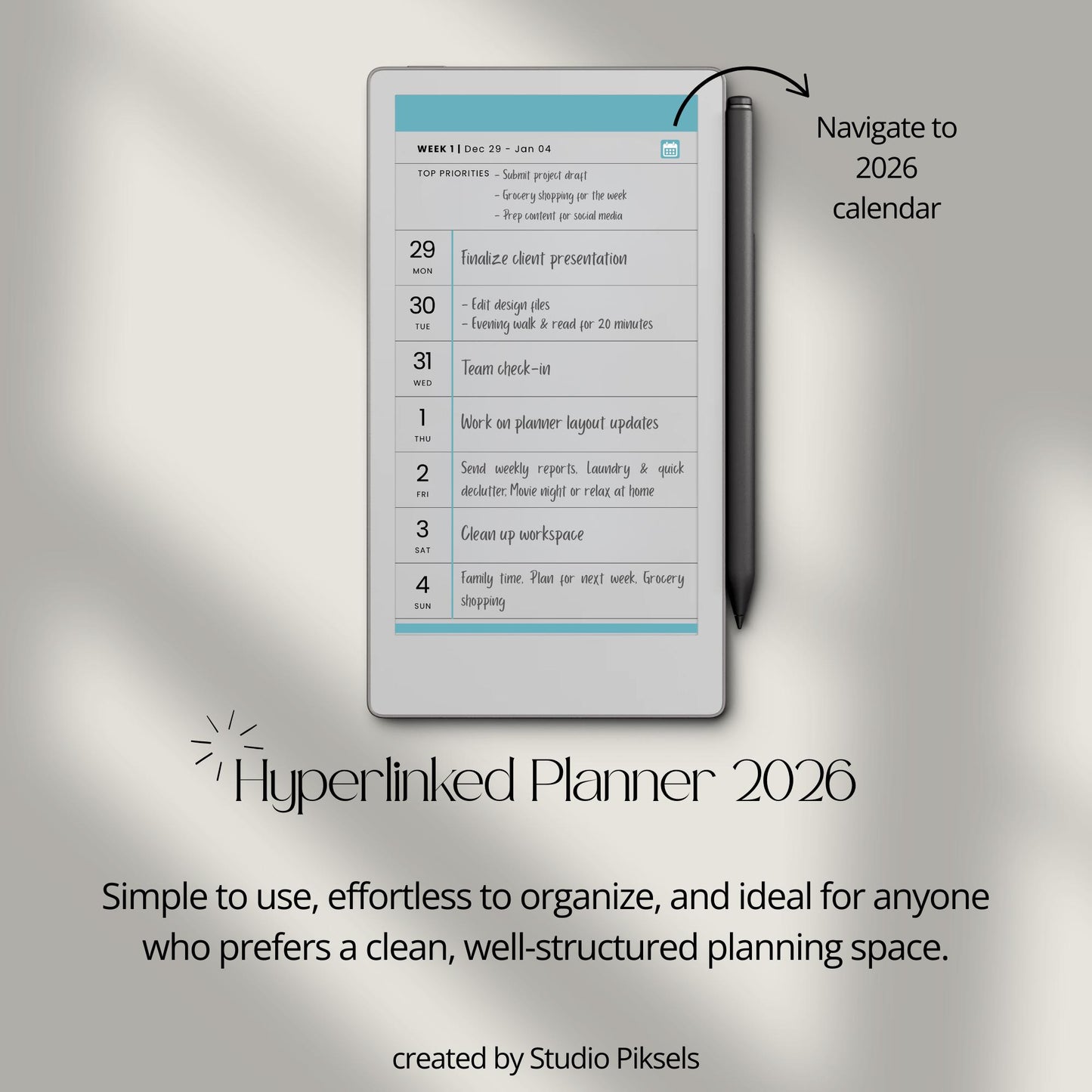 2026 hyperlinked planner for reMarkable Paper Pro Move with weekly and monthly planning pages.