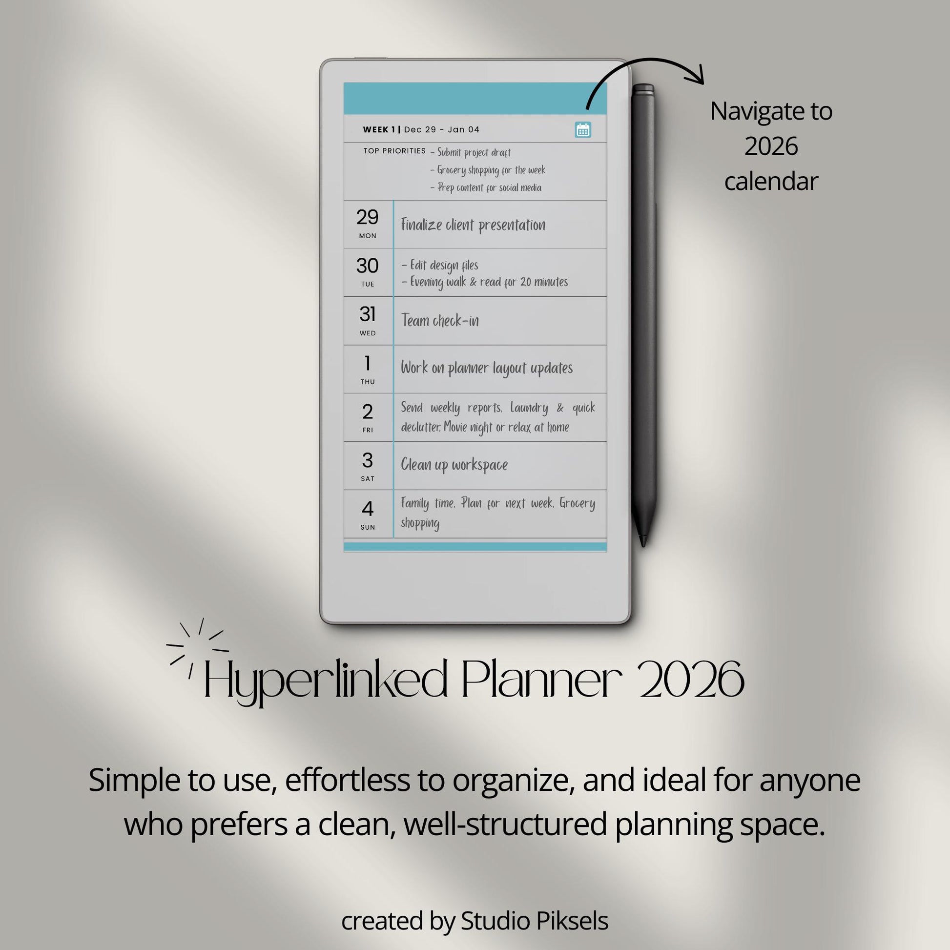 2026 hyperlinked planner for reMarkable Paper Pro Move with weekly and monthly planning pages.