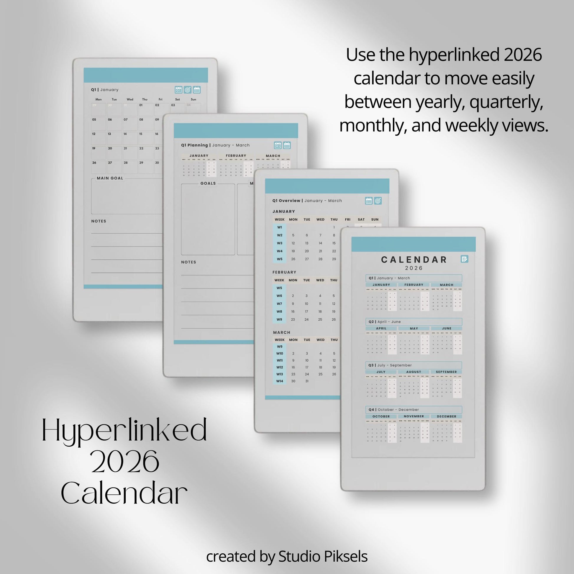 2026 hyperlinked planner for reMarkable Paper Pro Move with weekly and monthly planning pages.