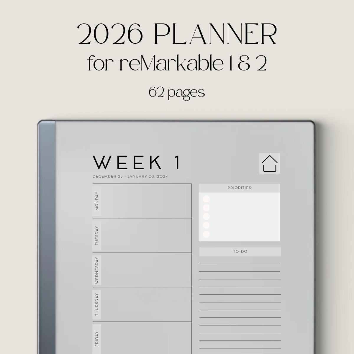 2026 Planner for reMarkable 2 and reMarkable Paper Pure featuring hyperlinked weekly planning pages, notes sections, and minimalist digital layouts