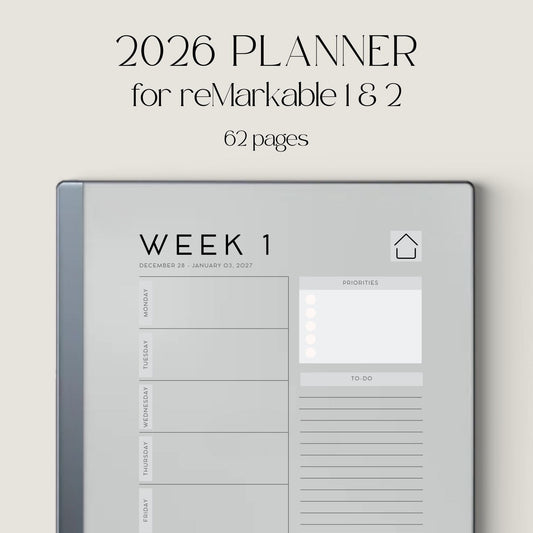 2026 Planner for reMarkable 2 and reMarkable Paper Pure featuring hyperlinked weekly planning pages, notes sections, and minimalist digital layouts