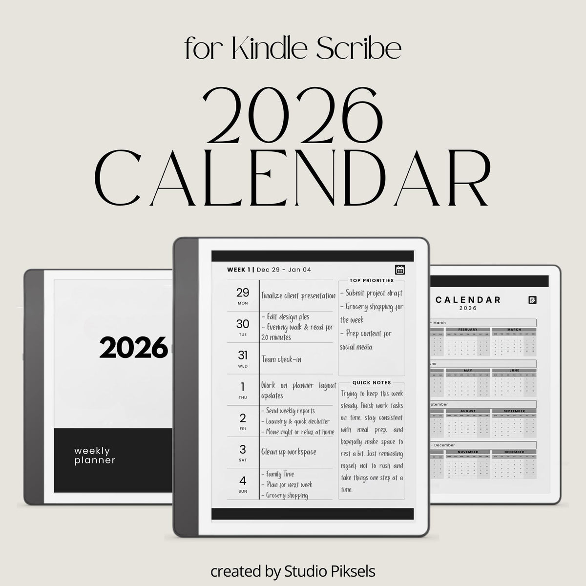 2026 Hyperlinked Planner for Kindle Scribe with quarterly overviews, monthly calendars, weekly planning layouts, and linked navigation.