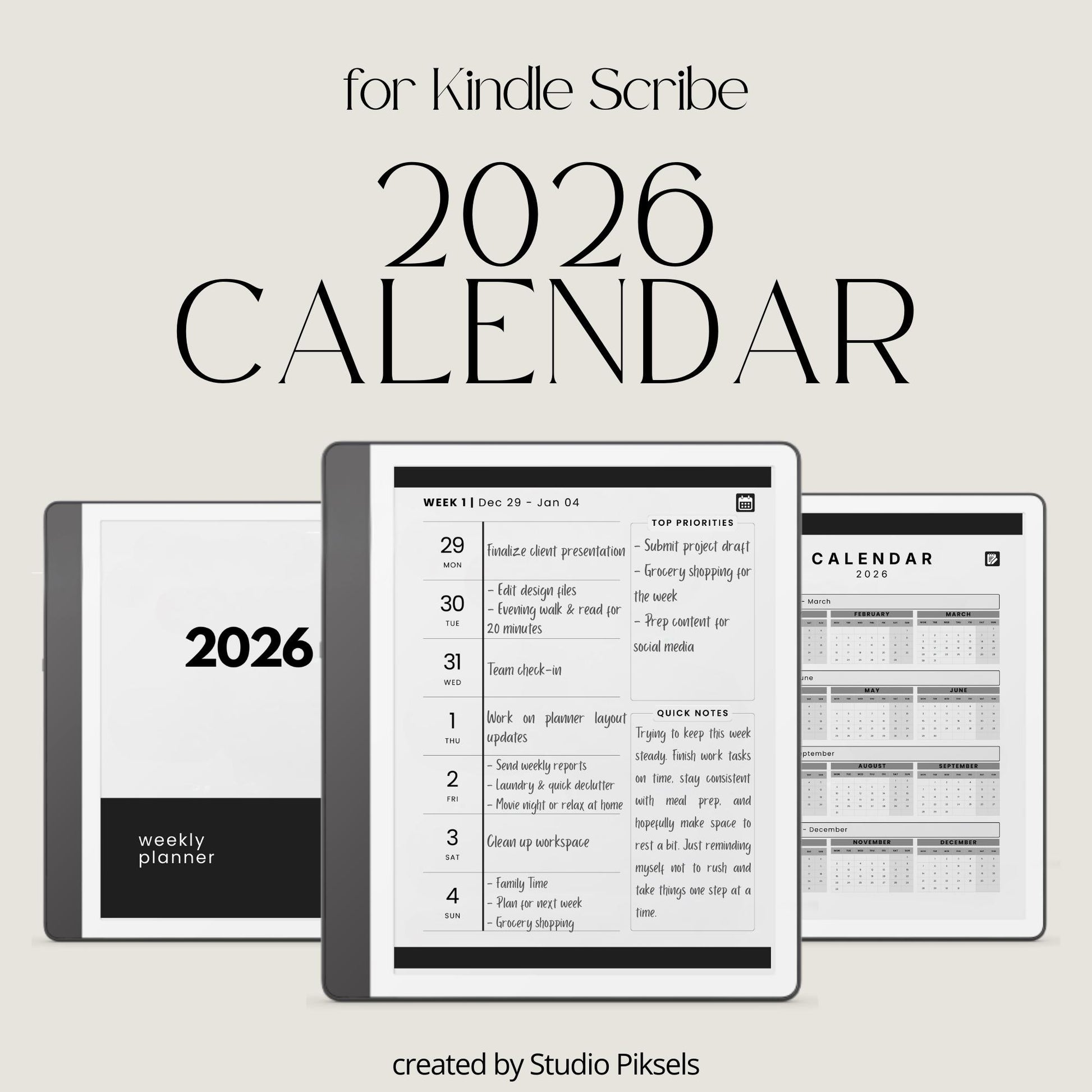 2026 Hyperlinked Planner for Kindle Scribe with quarterly overviews, monthly calendars, weekly planning layouts, and linked navigation.