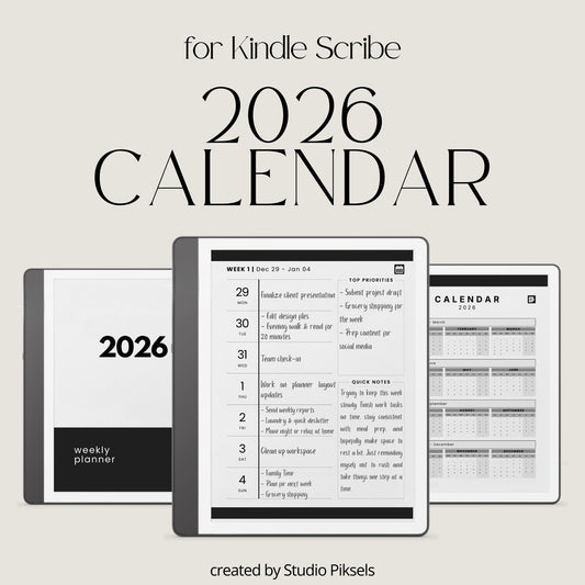 2026 Hyperlinked Planner for Kindle Scribe with quarterly overviews, monthly calendars, weekly planning layouts, and linked navigation.