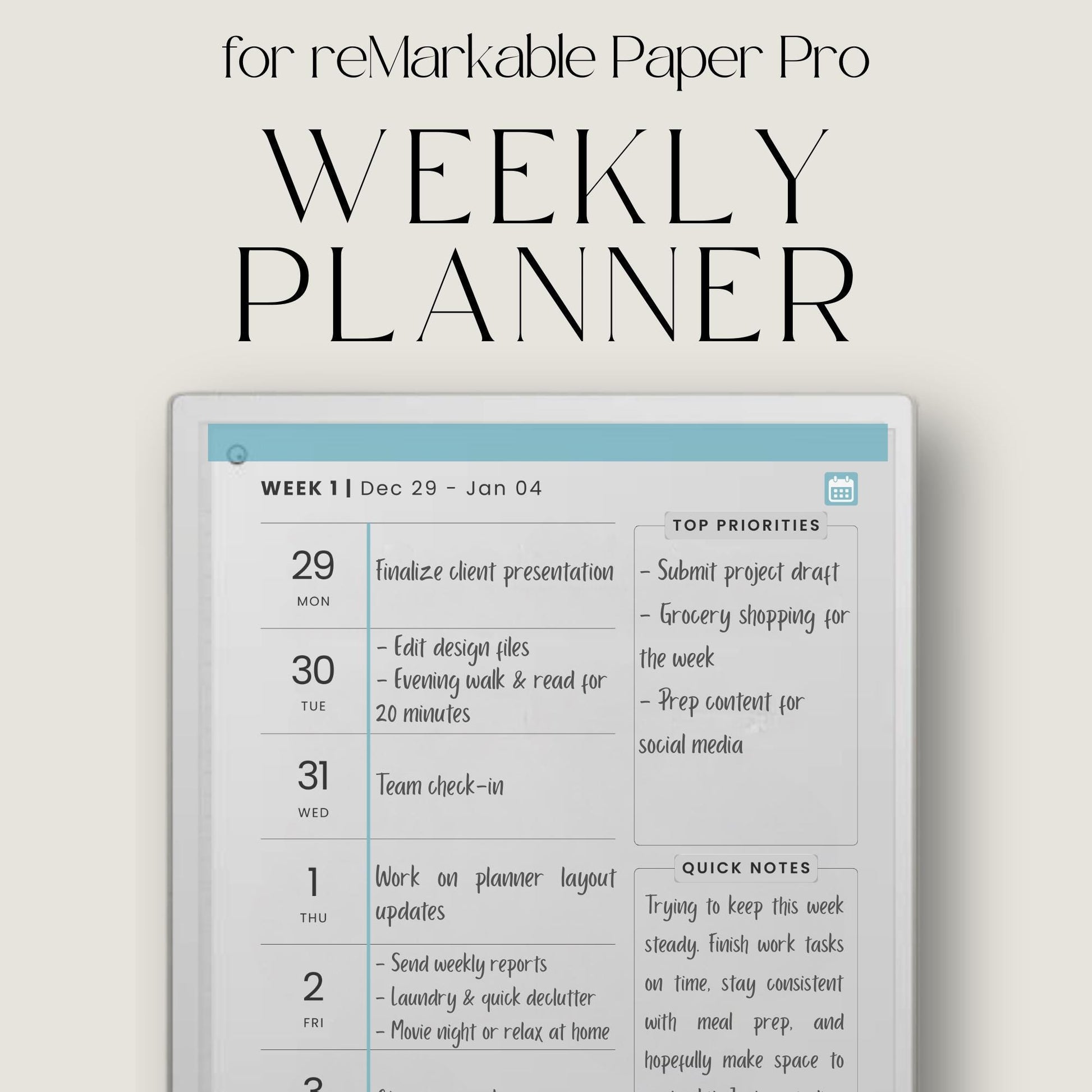 2026 hyperlinked planner for reMarkable Paper Pro with yearly, quarterly, monthly, and weekly digital planning pages.
