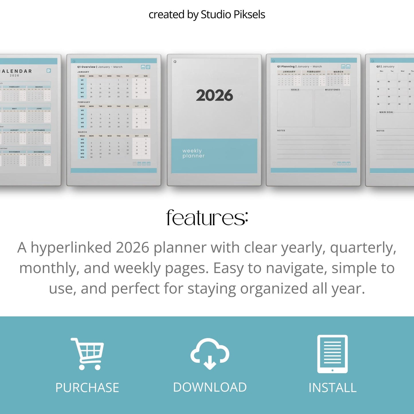 2026 hyperlinked planner for reMarkable Paper Pro with yearly, quarterly, monthly, and weekly digital planning pages.