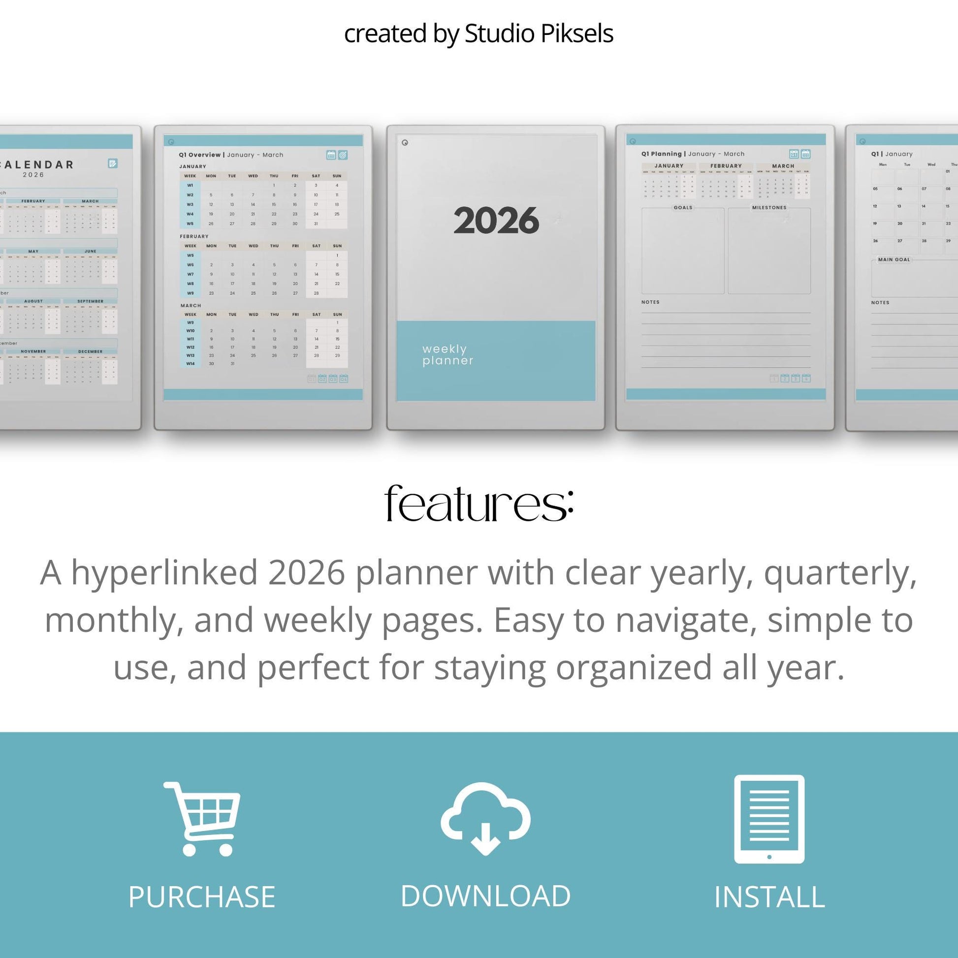 2026 hyperlinked planner for reMarkable Paper Pro with yearly, quarterly, monthly, and weekly digital planning pages.