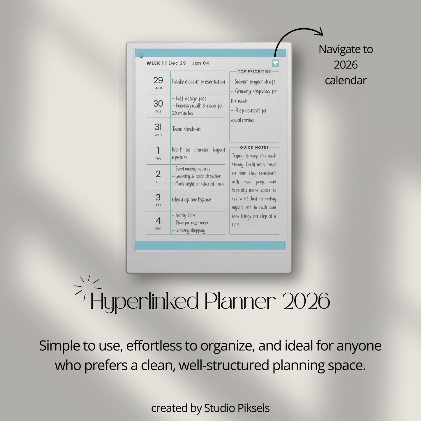 2026 hyperlinked planner for reMarkable Paper Pro with yearly, quarterly, monthly, and weekly digital planning pages.