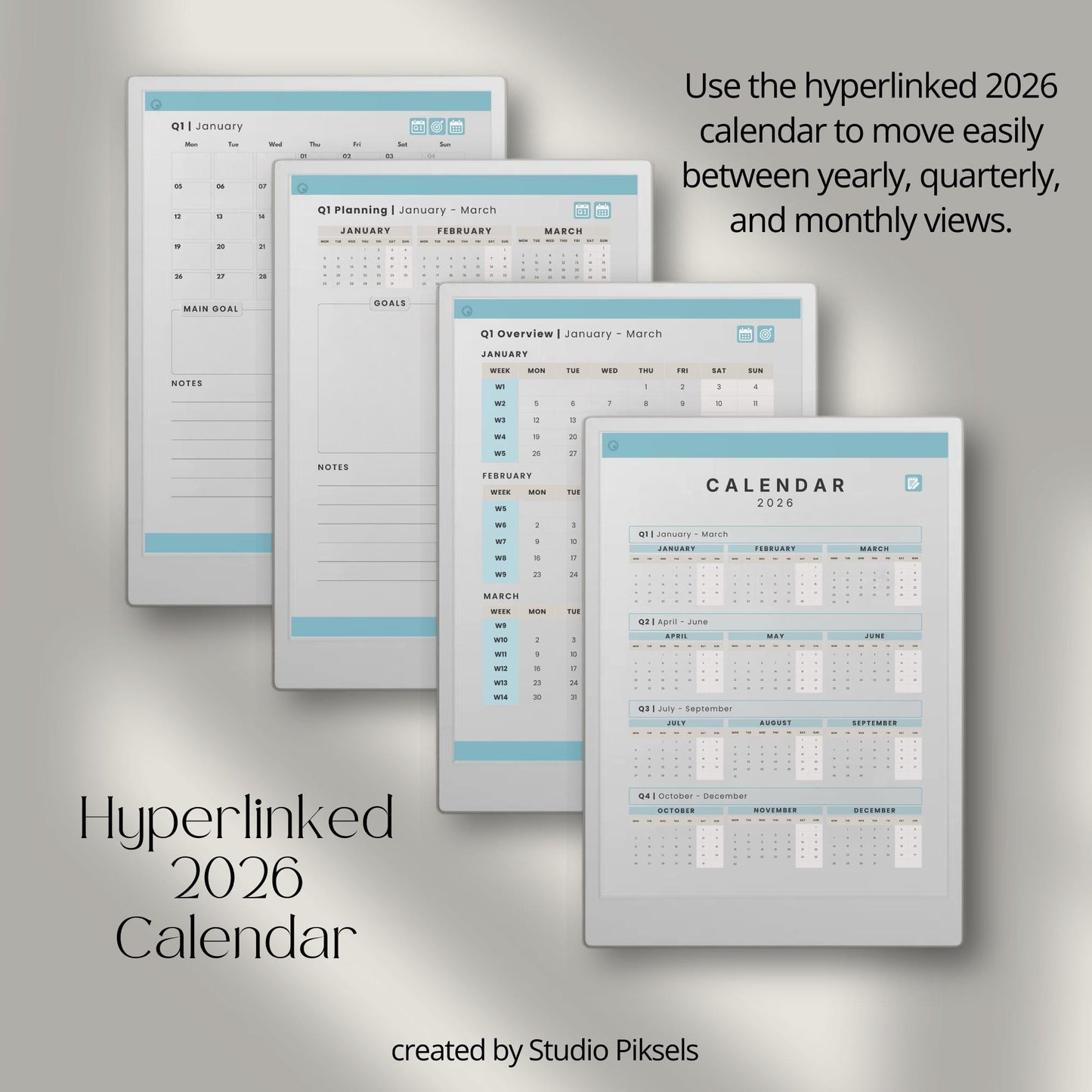 2026 hyperlinked planner for reMarkable Paper Pro with yearly, quarterly, monthly, and weekly digital planning pages.