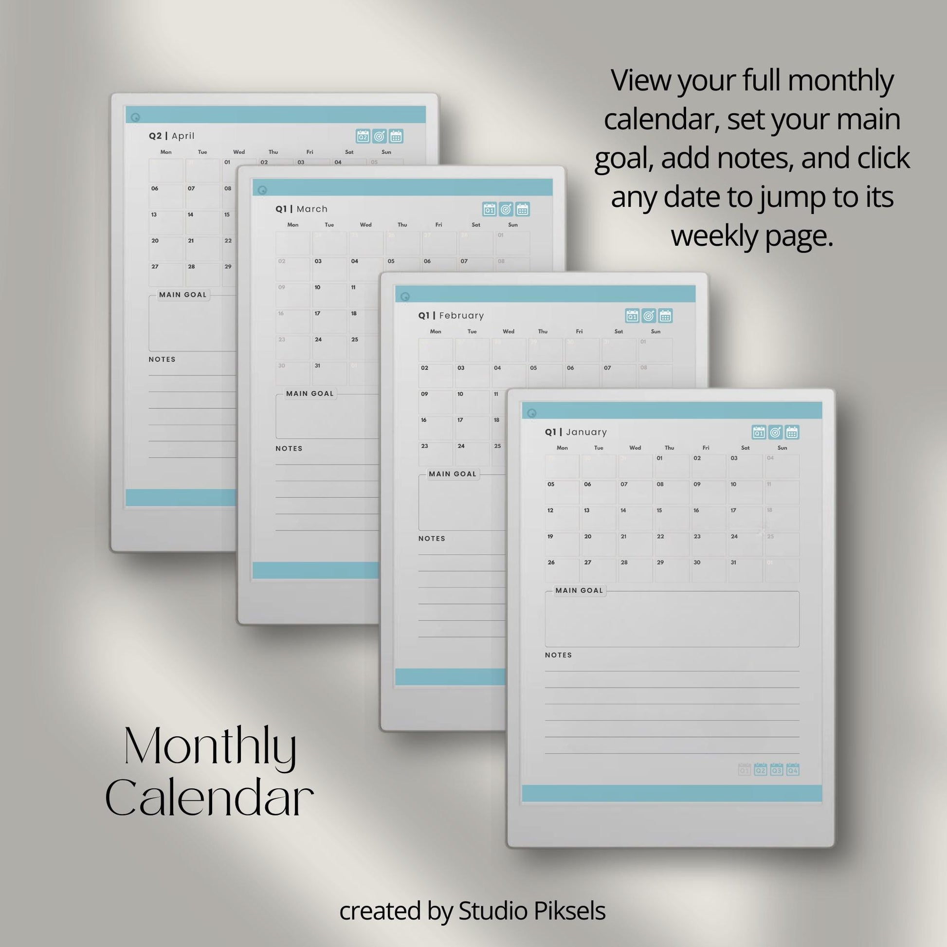 2026 hyperlinked planner for reMarkable Paper Pro with yearly, quarterly, monthly, and weekly digital planning pages.
