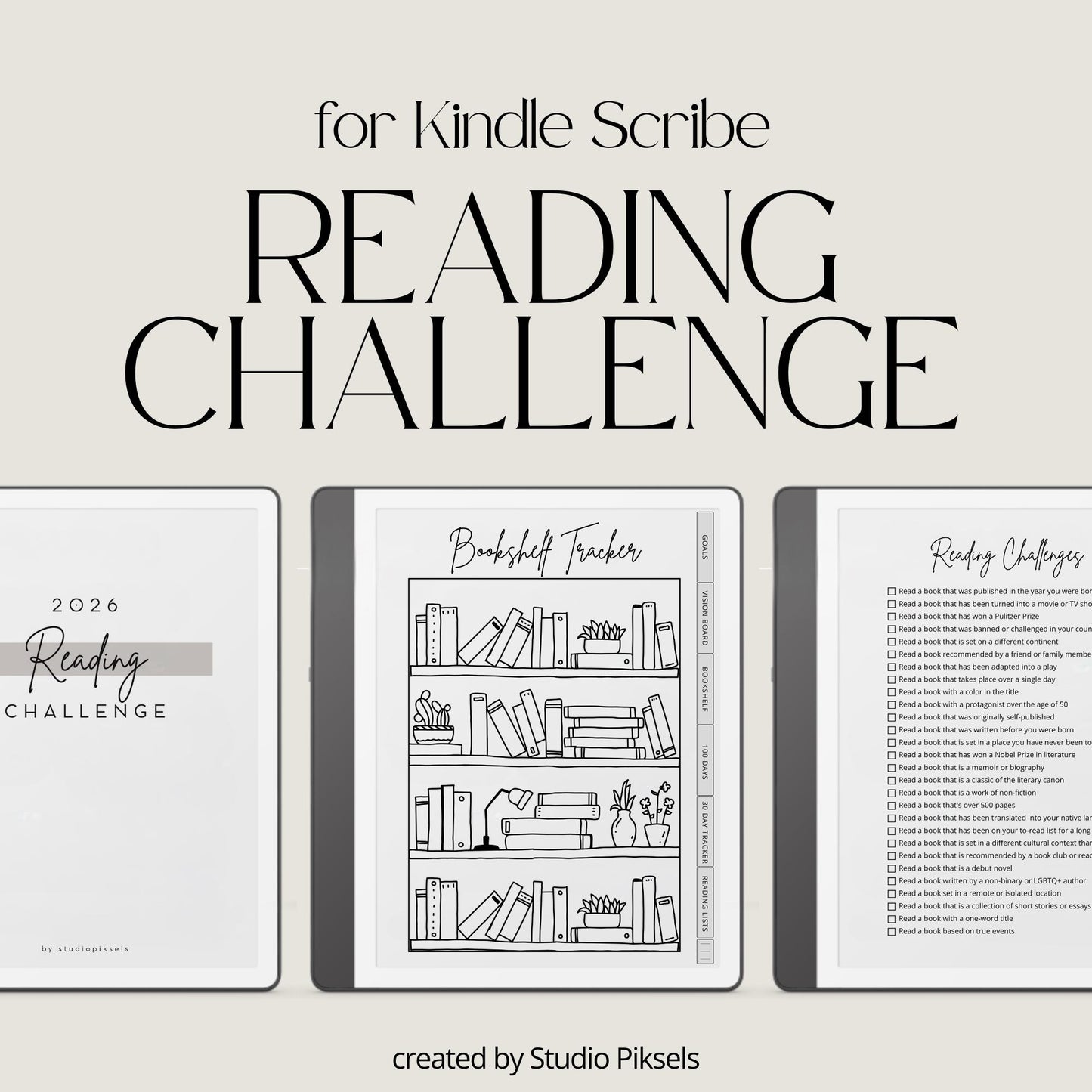 Minimalist Reading Challenge Planner for Kindle Scribe featuring reading goals, bookshelf trackers, challenge prompts, reading logs, and reflection pages.