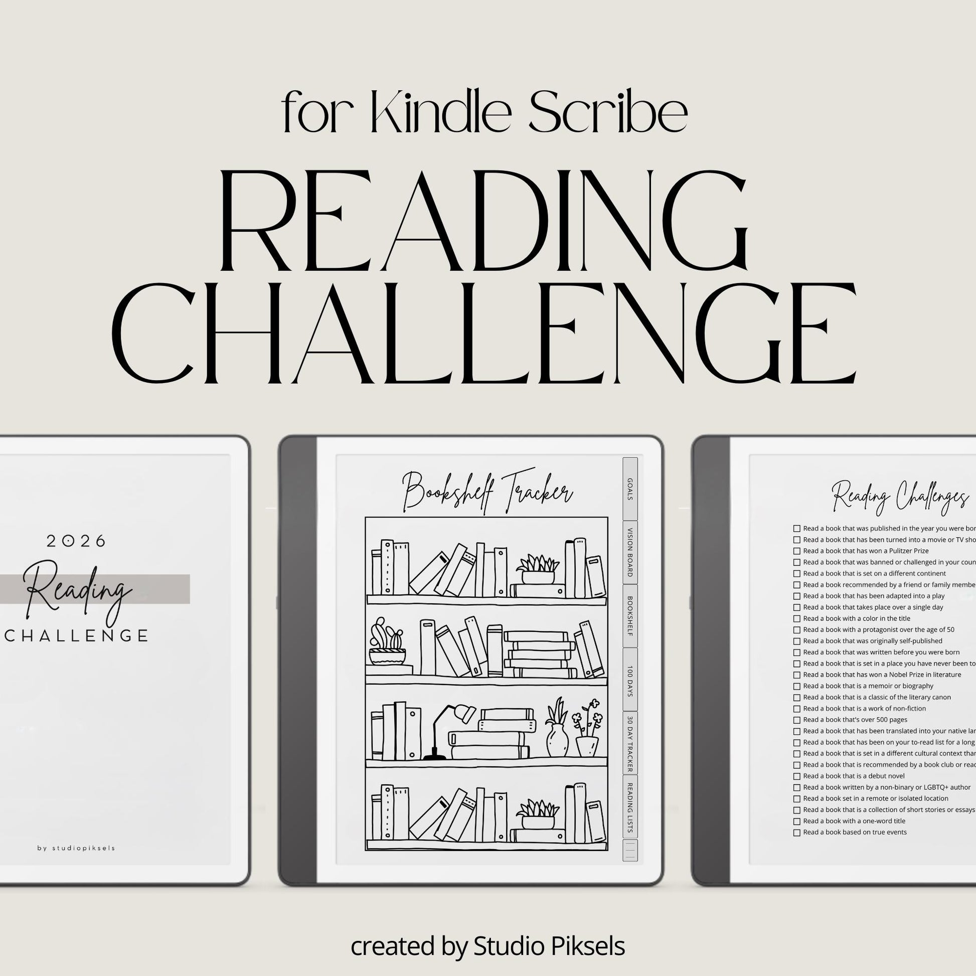 Minimalist Reading Challenge Planner for Kindle Scribe featuring reading goals, bookshelf trackers, challenge prompts, reading logs, and reflection pages.