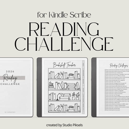 Minimalist Reading Challenge Planner for Kindle Scribe featuring reading goals, bookshelf trackers, challenge prompts, reading logs, and reflection pages.