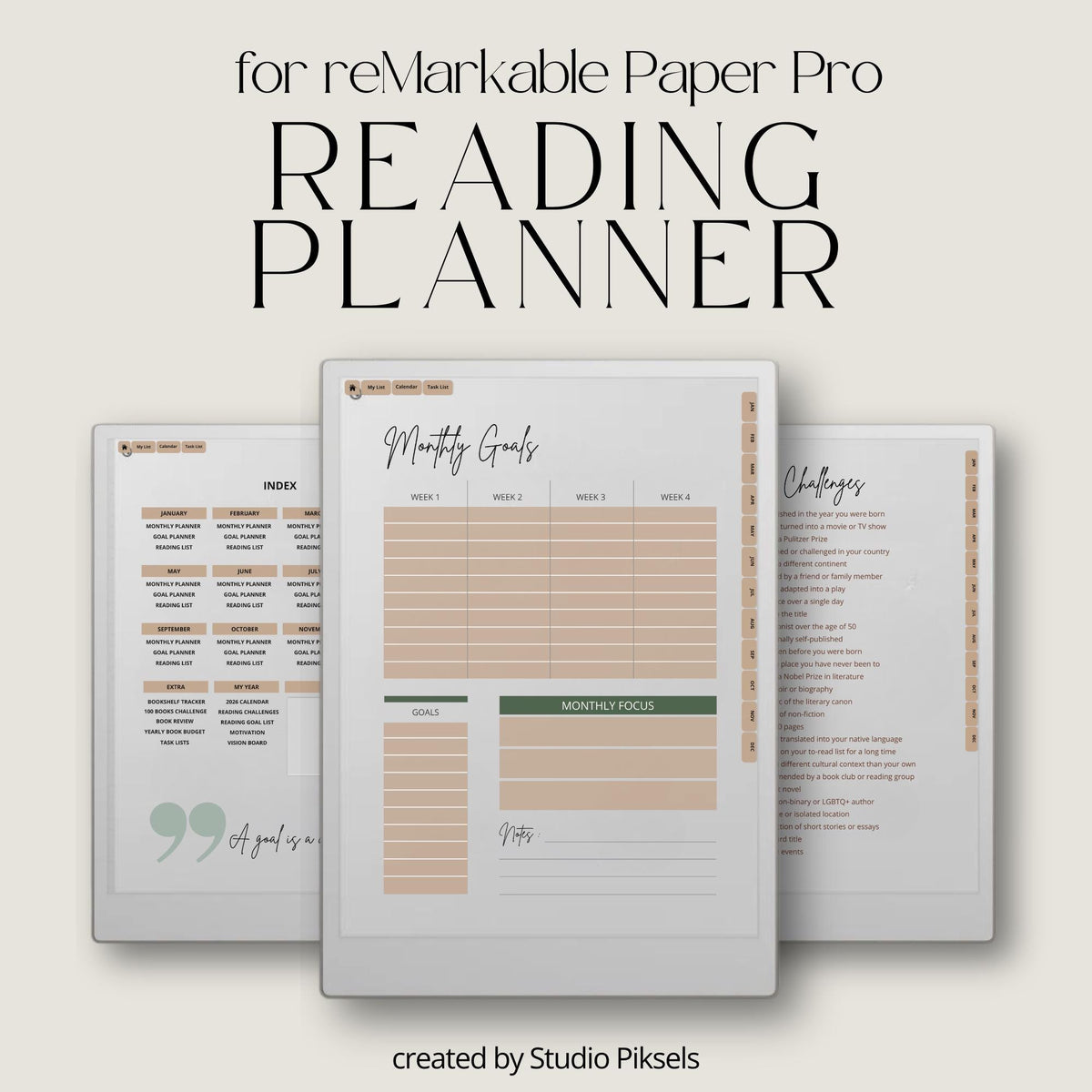 Structured reading planner for reMarkable Paper Pro with hyperlinked digital pages for reading goals, book lists, reading logs, book reviews, and progress tracking throughout 2026. Includes minimalist layouts for monthly planning, yearly reading challenges, bookshelf tracking, and organized book tracking system for consistent reading habits.