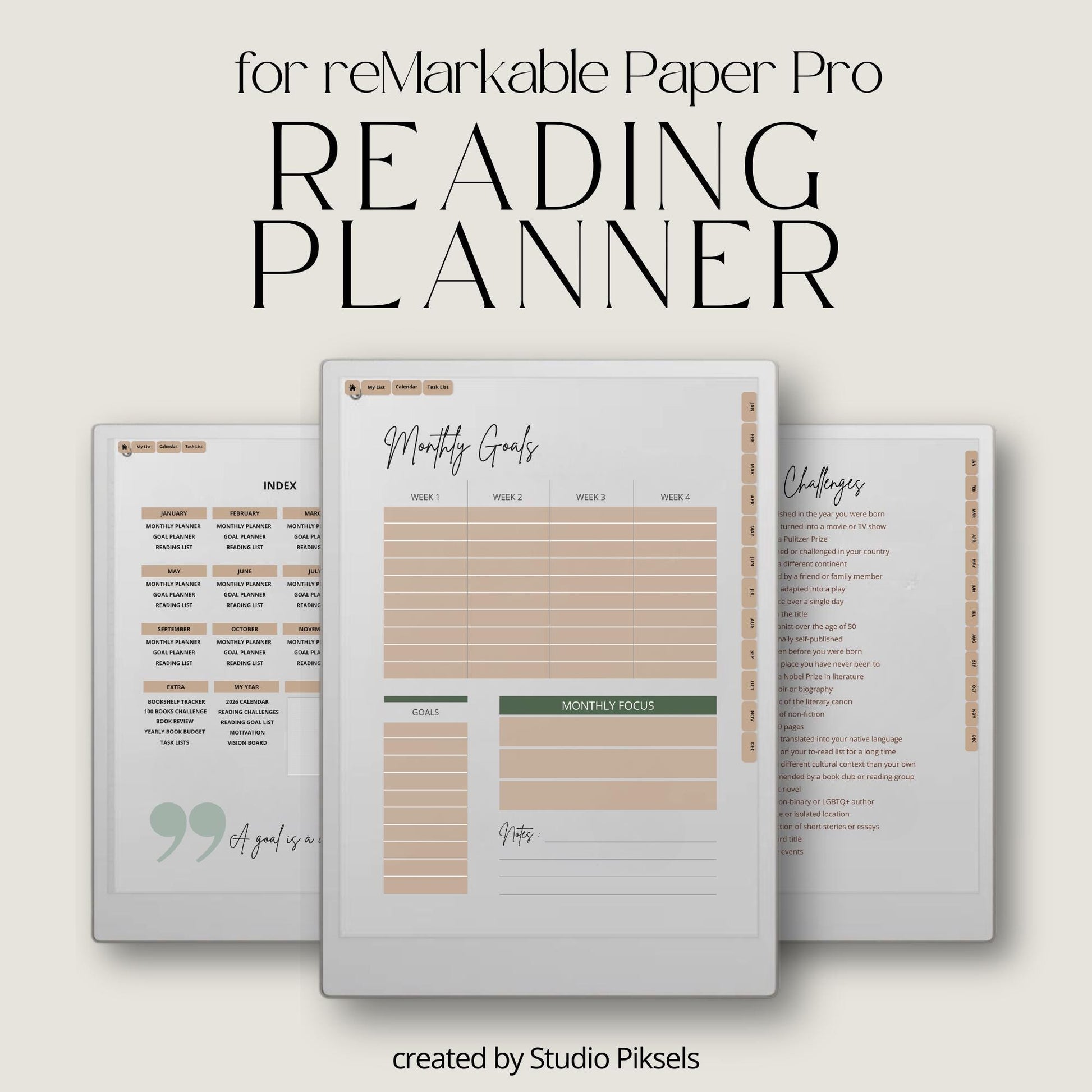 Structured reading planner for reMarkable Paper Pro with hyperlinked digital pages for reading goals, book lists, reading logs, book reviews, and progress tracking throughout 2026. Includes minimalist layouts for monthly planning, yearly reading challenges, bookshelf tracking, and organized book tracking system for consistent reading habits.