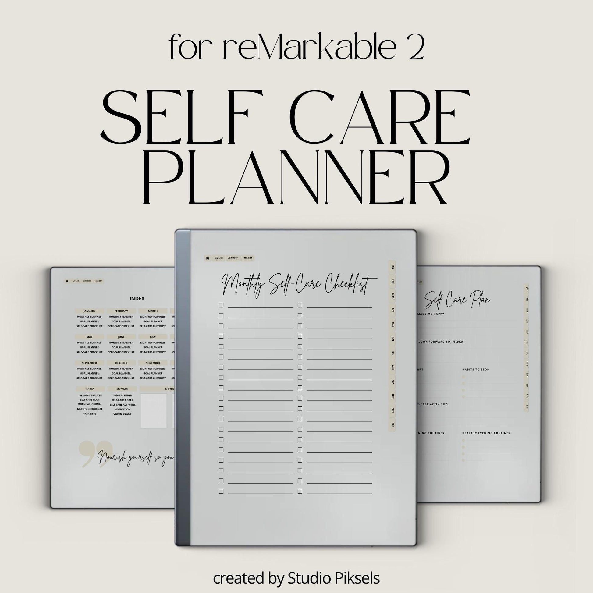 2026 Self-Care Planner PDF for reMarkable 2 and Paper Pure with grayscale wellness pages, gratitude journal sections, and hyperlinked planning layouts