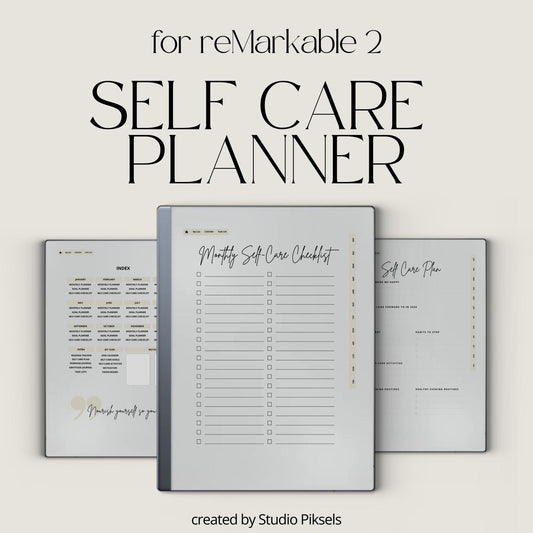 2026 Self-Care Planner PDF for reMarkable 2 and Paper Pure with grayscale wellness pages, gratitude journal sections, and hyperlinked planning layouts