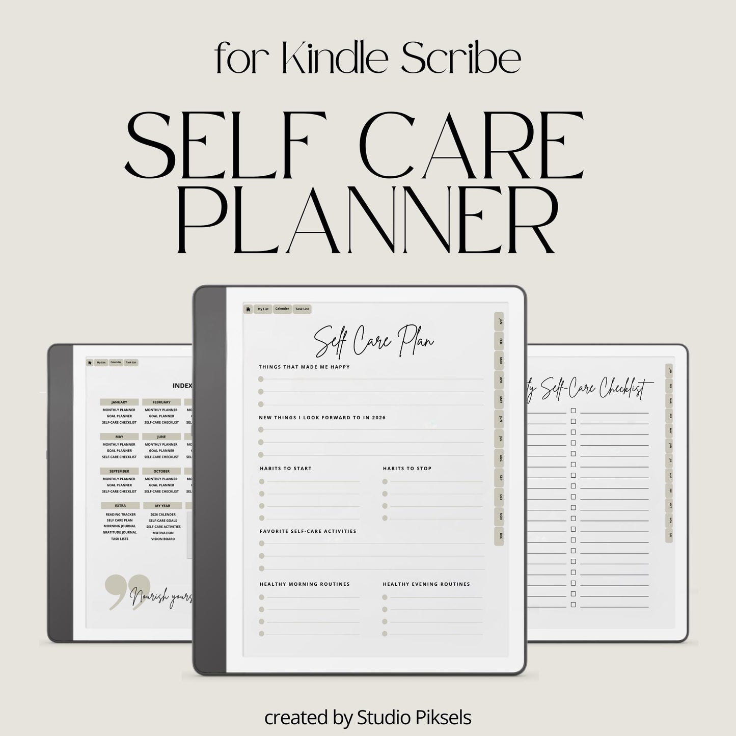 2026 Self Care Planner for Kindle Scribe featuring monthly wellness planning pages with calendars, gratitude journals, habit trackers, vision boards, and self care routines for mindful digital planning.