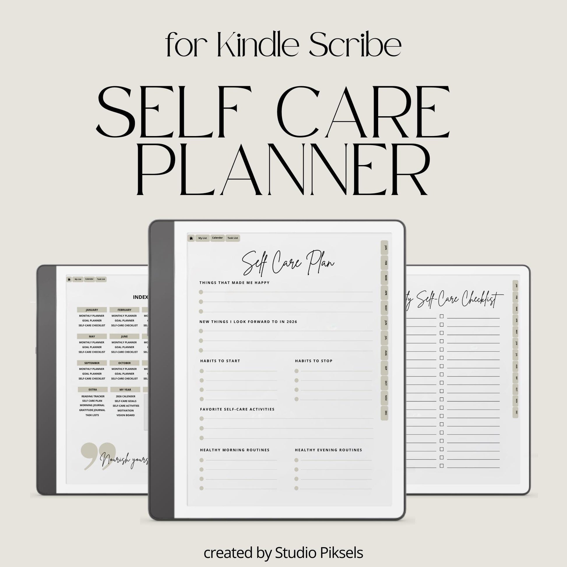 2026 Self Care Planner for Kindle Scribe featuring monthly wellness planning pages with calendars, gratitude journals, habit trackers, vision boards, and self care routines for mindful digital planning.