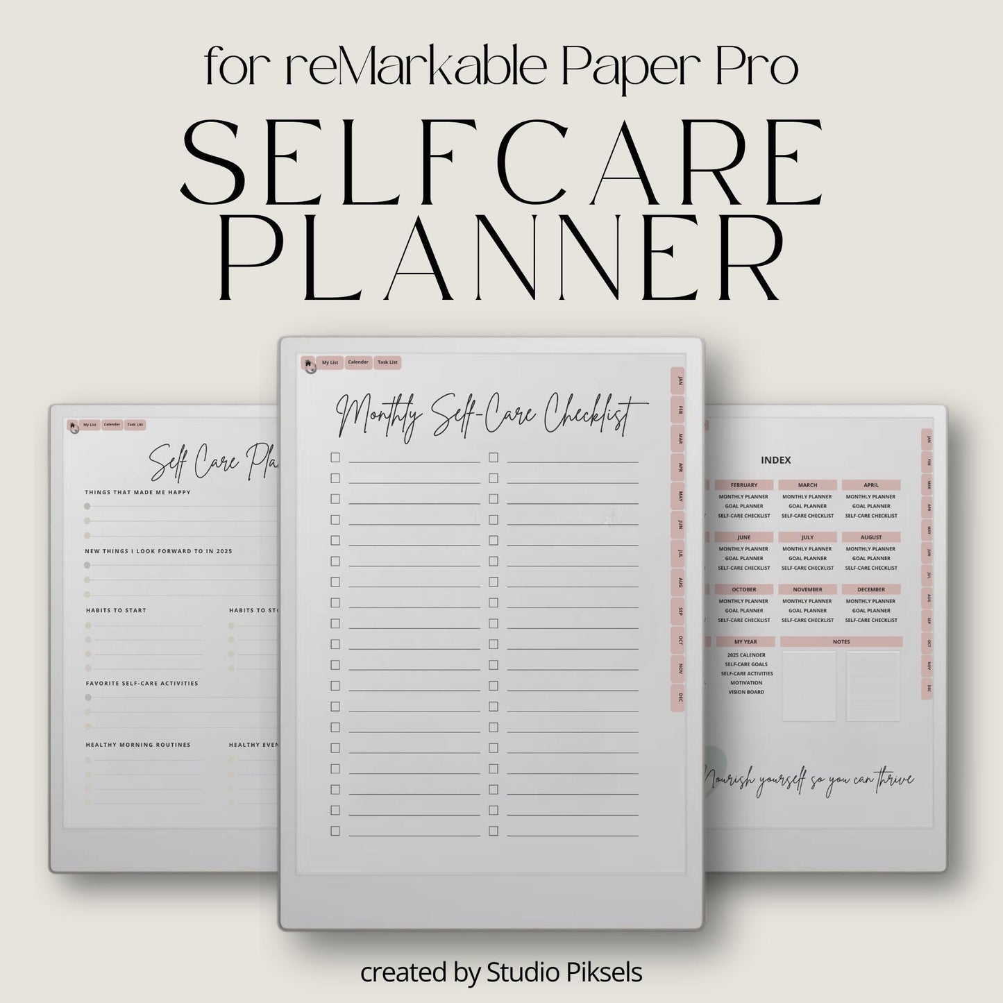 Self care planner for reMarkable Paper Pro with hyperlinked wellness pages.