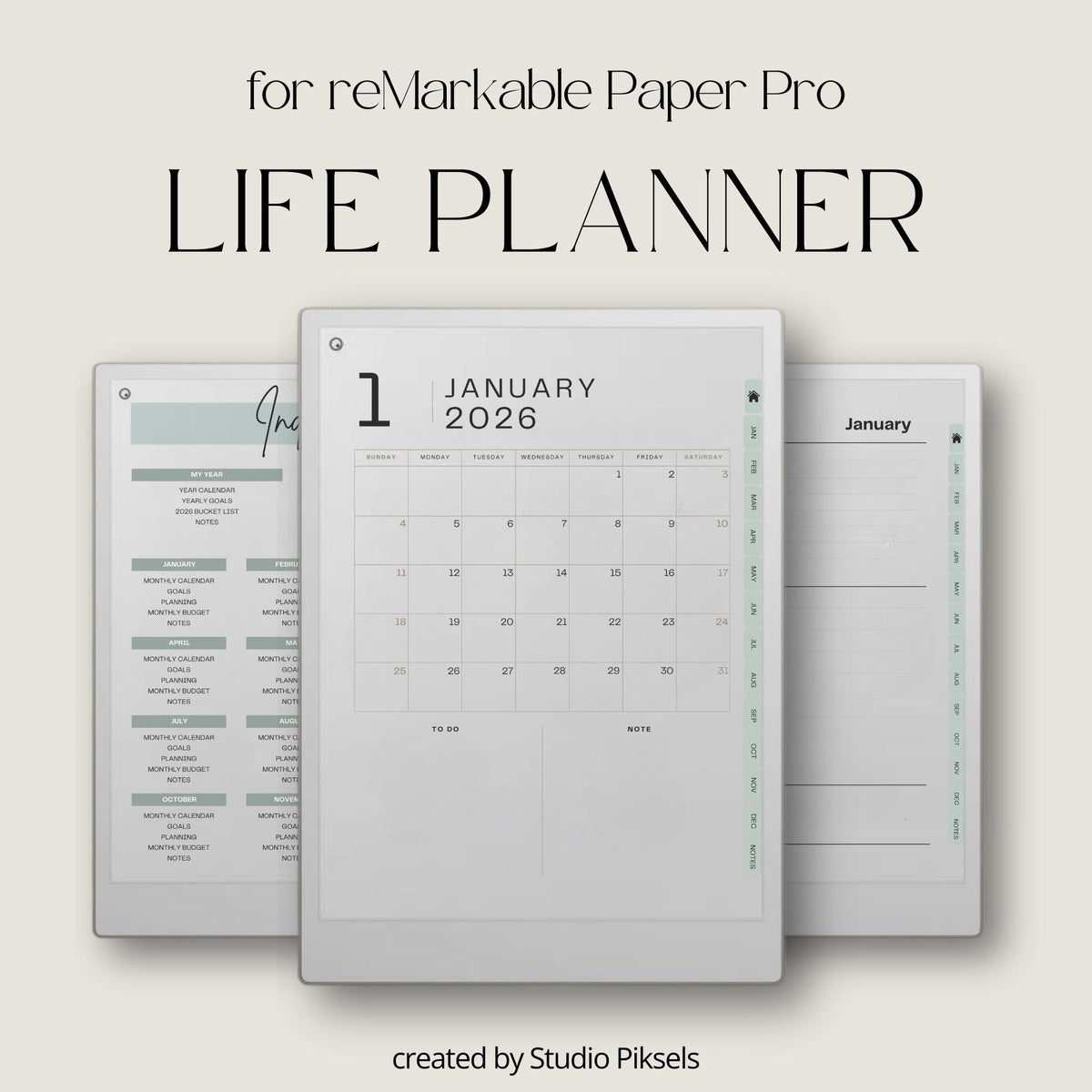 Hyperlinked 2026 Life Planner for reMarkable Paper Pro with monthly calendars, budgeting pages, goal trackers, habit tracking layouts, and digital productivity tools.