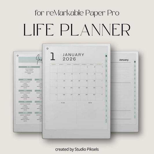 Hyperlinked 2026 Life Planner for reMarkable Paper Pro with monthly calendars, budgeting pages, goal trackers, habit tracking layouts, and digital productivity tools.