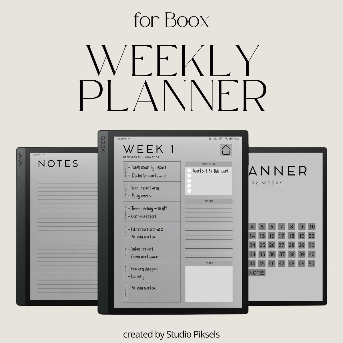 2026 Planner for BOOX devices with hyperlinked weekly pages, to-do sections, priority trackers, and minimalist digital layouts.