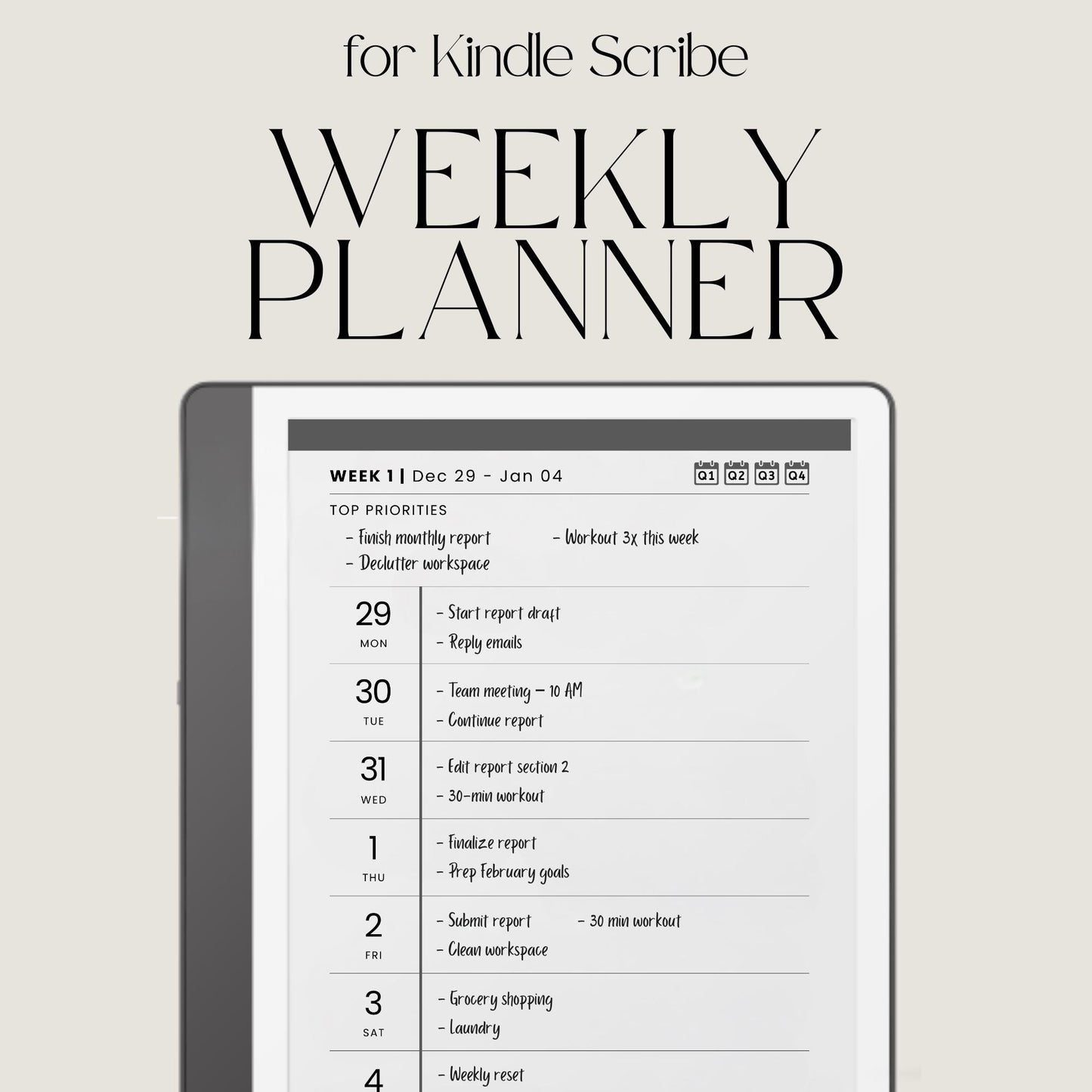2026 Hyperlinked Weekly Planner for Kindle Scribe featuring weekly spreads, quarterly calendar overviews, linked notes pages, and minimalist digital planner layouts.