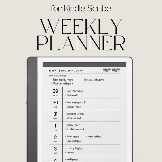 2026 Hyperlinked Weekly Planner for Kindle Scribe featuring weekly spreads, quarterly calendar overviews, linked notes pages, and minimalist digital planner layouts.