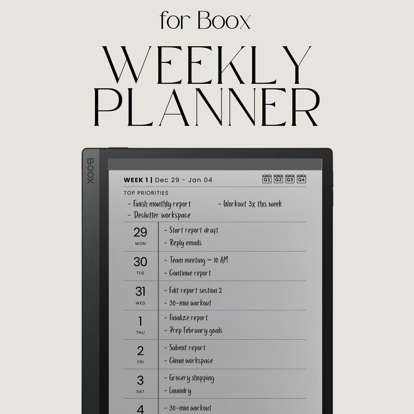 2026 Hyperlinked Weekly Planner for BOOX with linked weekly layouts, quarterly calendar pages, and minimalist digital planning design.