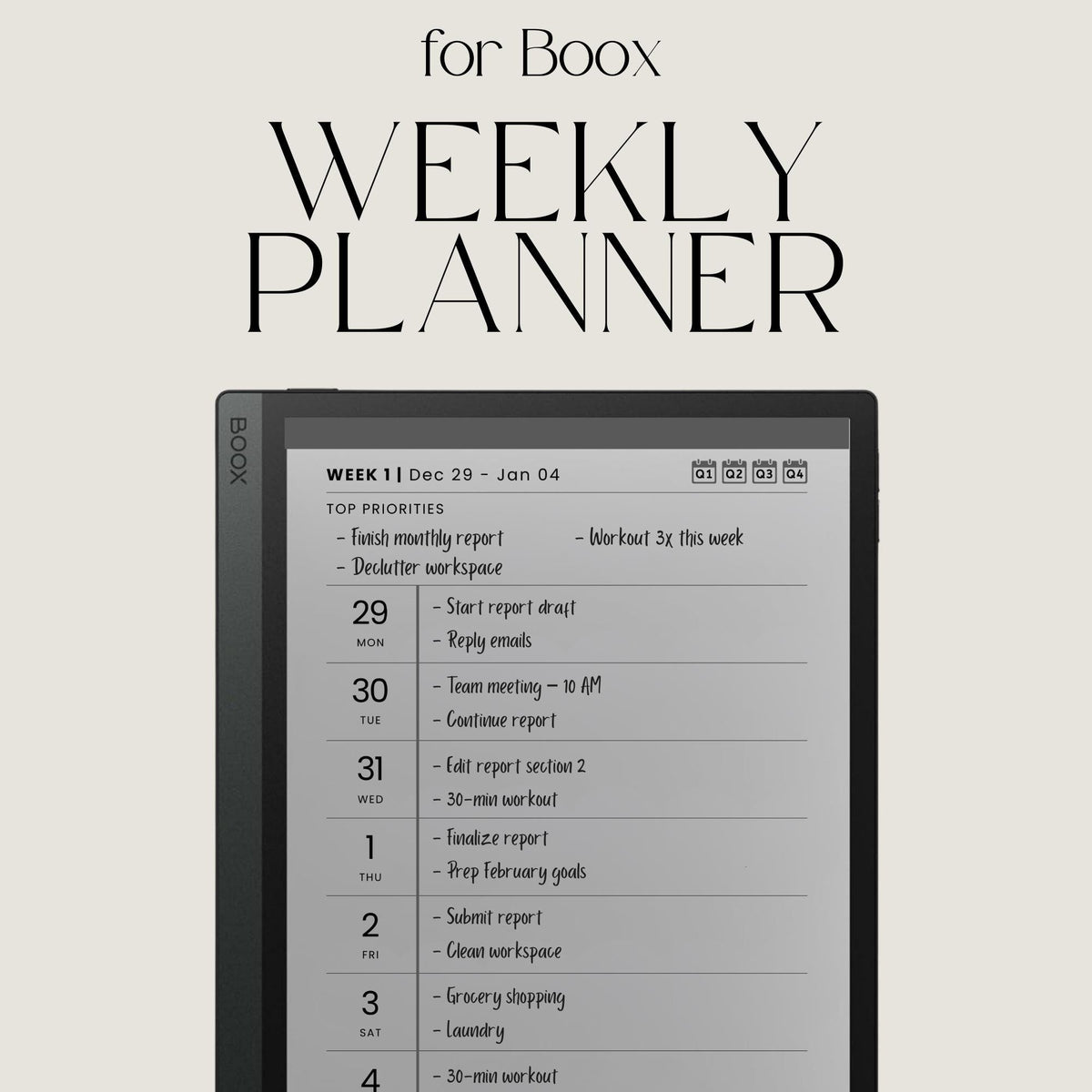 2026 Hyperlinked Weekly Planner for BOOX with linked weekly layouts, quarterly calendar pages, and minimalist digital planning design.