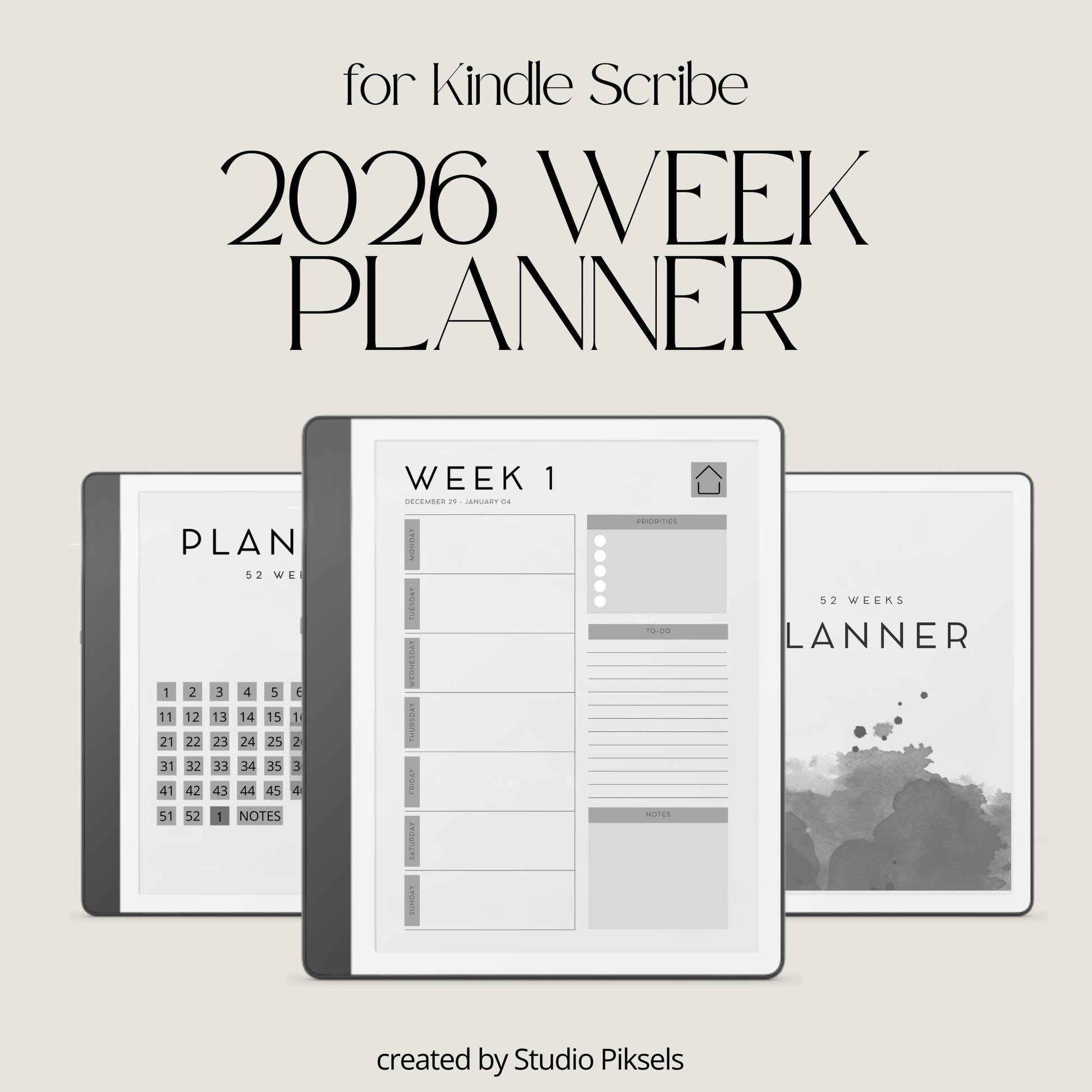 2026 Weekly Planner for Kindle Scribe with hyperlinked weekly planning pages, yearly calendar overview, and minimalist productivity layouts.