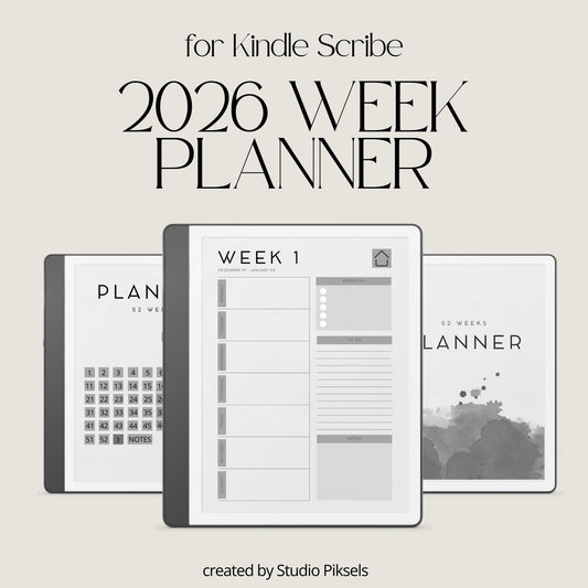 2026 Weekly Planner for Kindle Scribe with hyperlinked weekly planning pages, yearly calendar overview, and minimalist productivity layouts.
