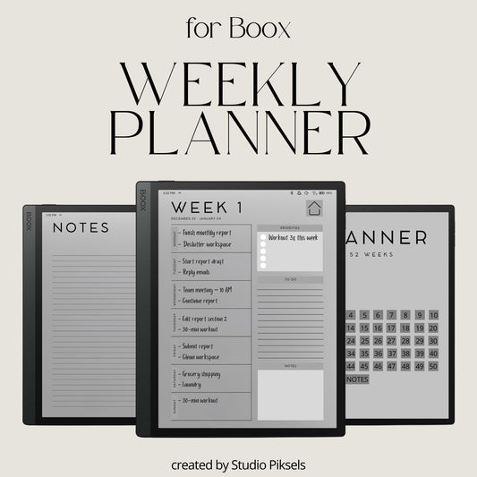2026 Planner for BOOX devices with hyperlinked weekly planning pages, to-do sections, and minimalist productivity layouts.