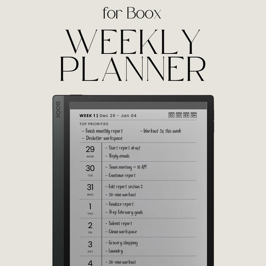 2026 Hyperlinked Weekly Planner for BOOX with linked weekly layouts, quarterly calendars, and minimalist digital productivity pages.