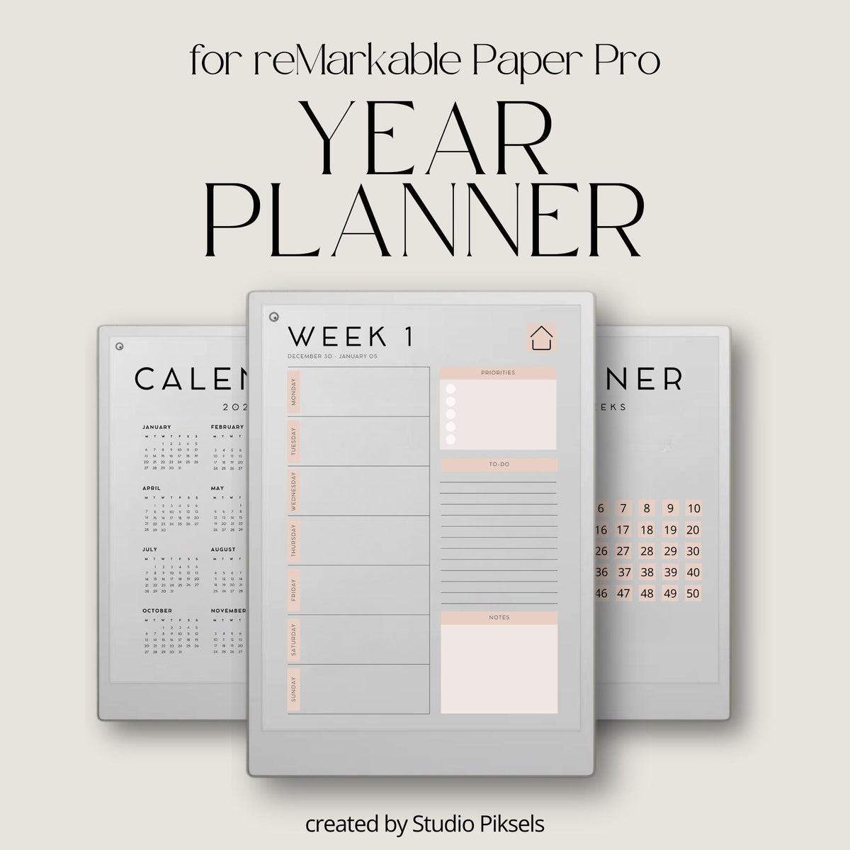 2026 Year Planner for reMarkable Paper Pro with hyperlinked weekly planning pages, minimalist scheduling layouts, task management sections, and digital PDF organization tools.