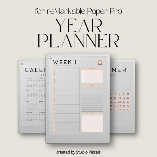 2026 Year Planner for reMarkable Paper Pro with hyperlinked weekly planning pages, minimalist scheduling layouts, task management sections, and digital PDF organization tools.