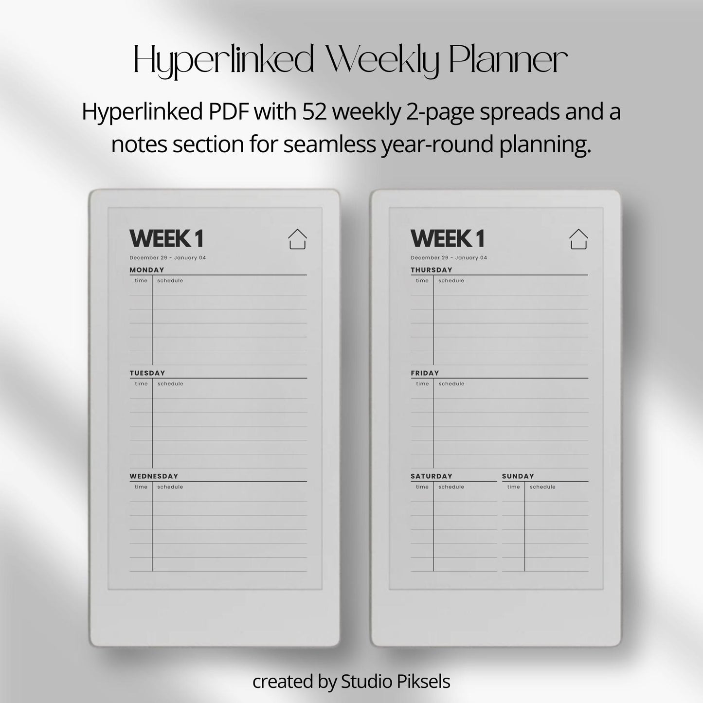 Hyperlinked weekly planner bundle for reMarkable Paper Pro Move with dated weekly layouts for 2026 and 2027.