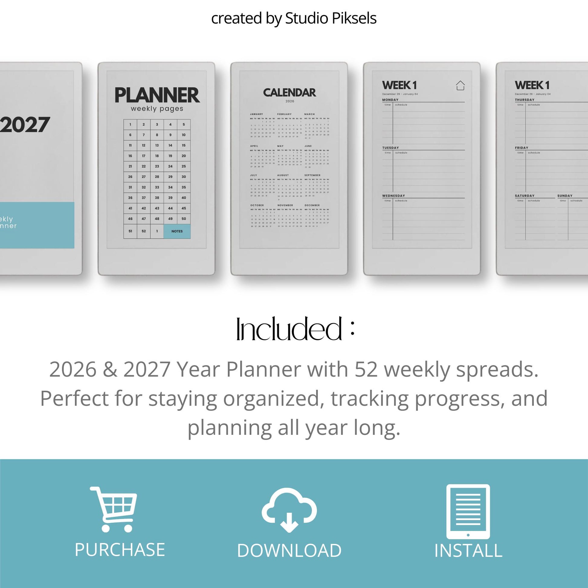 Hyperlinked weekly planner bundle for reMarkable Paper Pro Move with dated weekly layouts for 2026 and 2027.