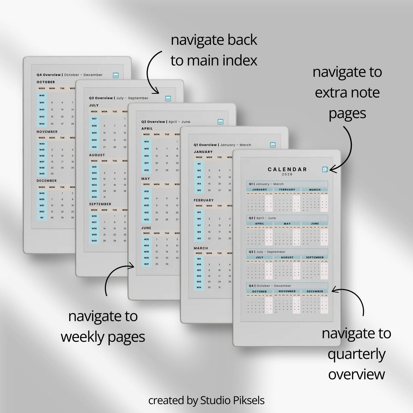 Hyperlinked weekly planner bundle for reMarkable Paper Pro Move with dated weekly layouts for 2026 and 2027.