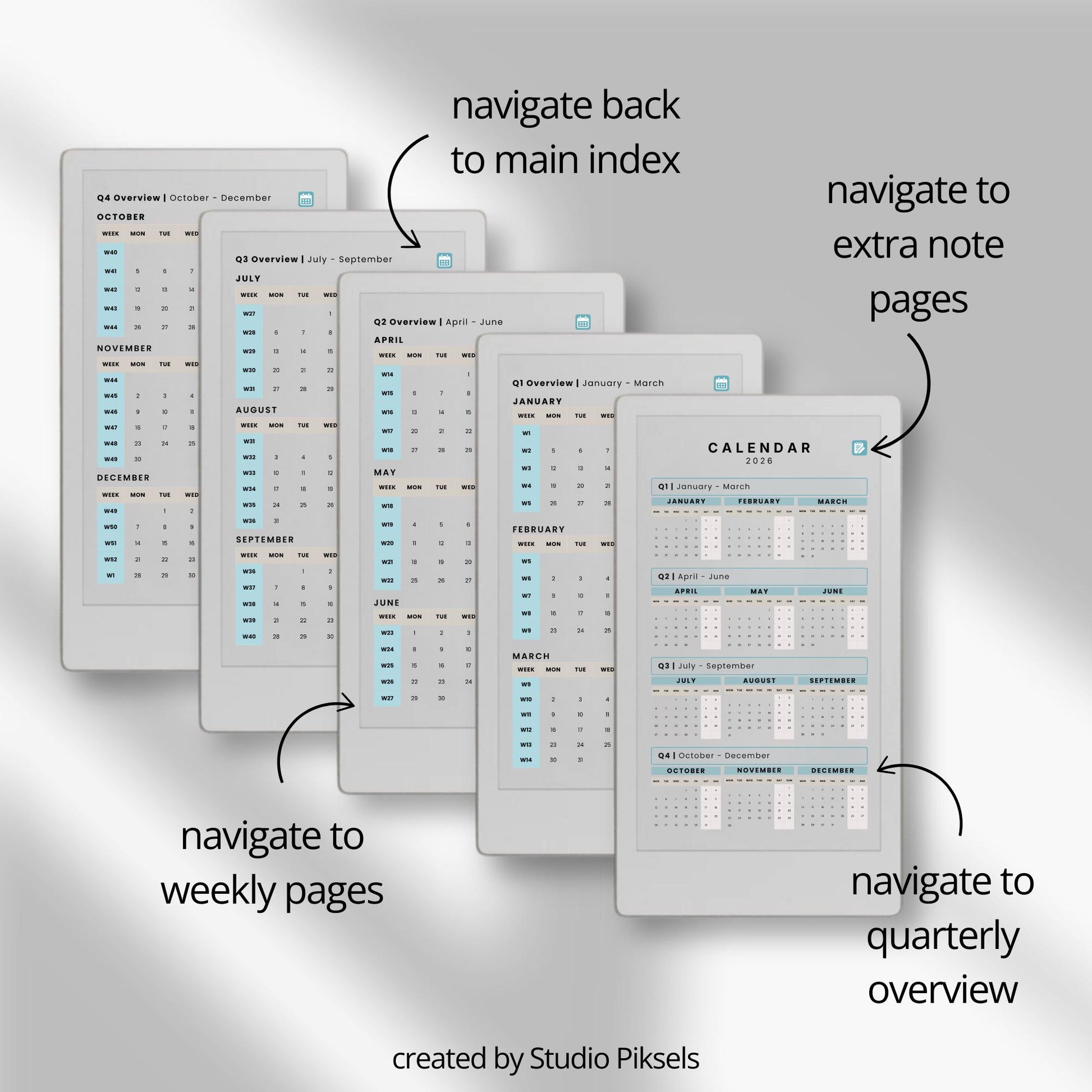 Hyperlinked weekly planner bundle for reMarkable Paper Pro Move with dated weekly layouts for 2026 and 2027.