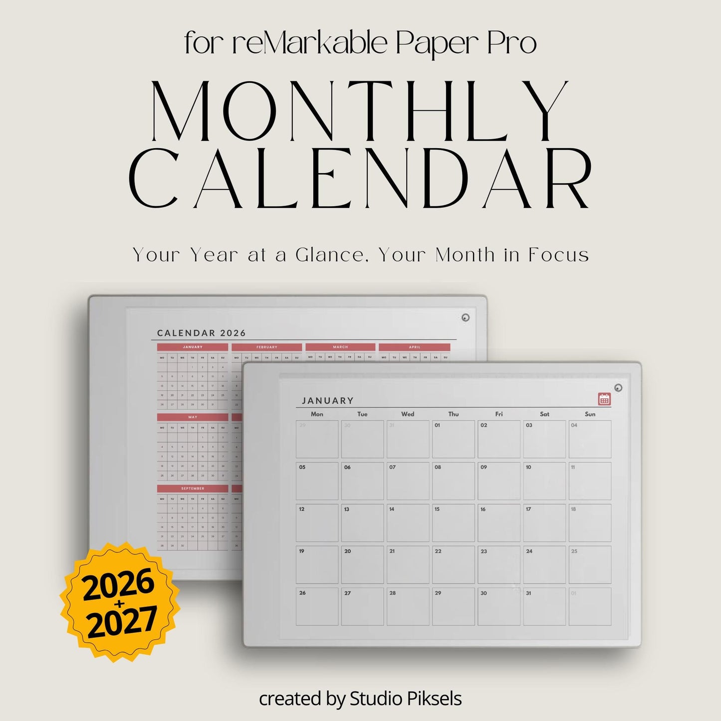 Hyperlinked monthly planner for reMarkable Paper Pro with yearly overview and clean month-at-a-glance calendar pages.