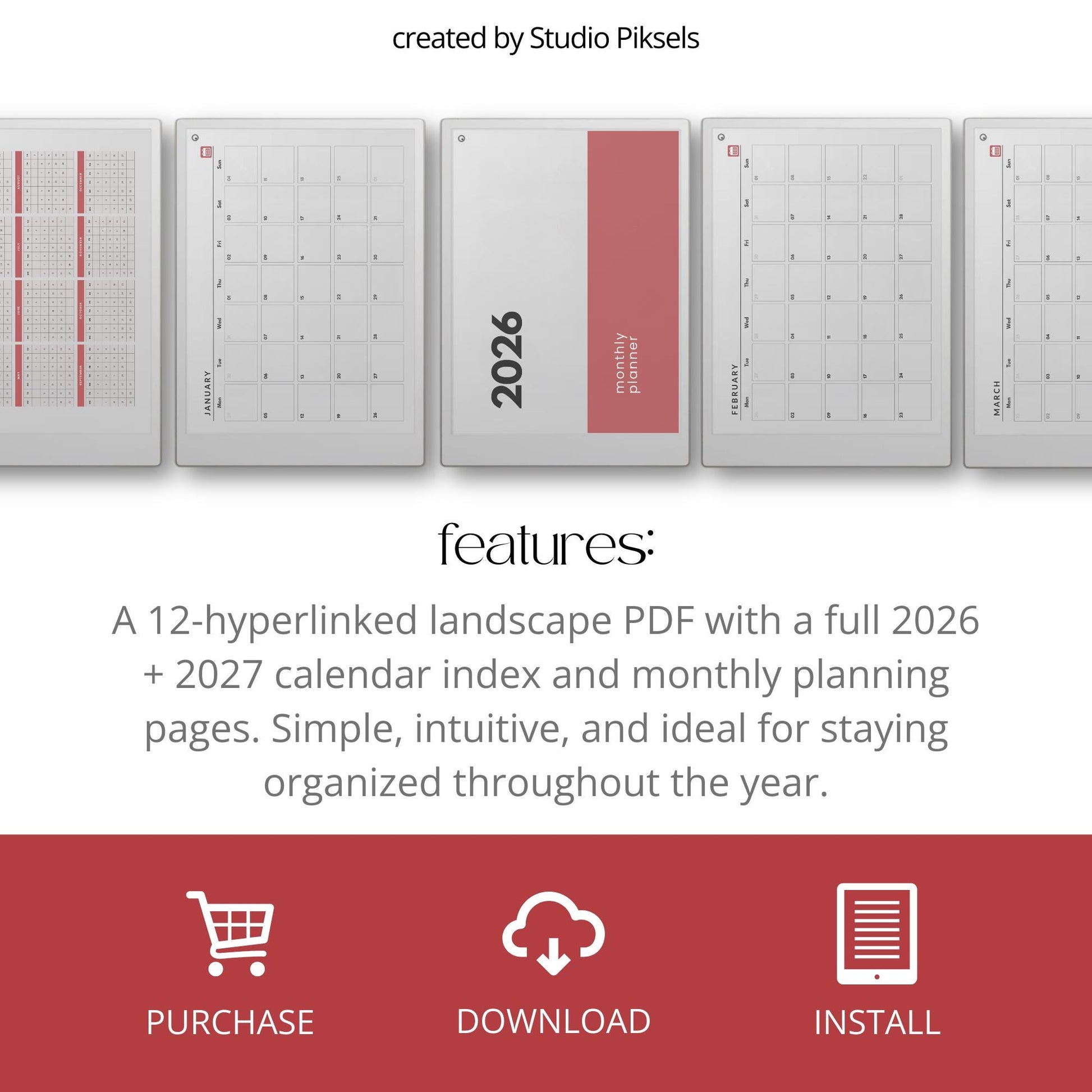 Hyperlinked monthly planner for reMarkable Paper Pro with yearly overview and clean month-at-a-glance calendar pages.
