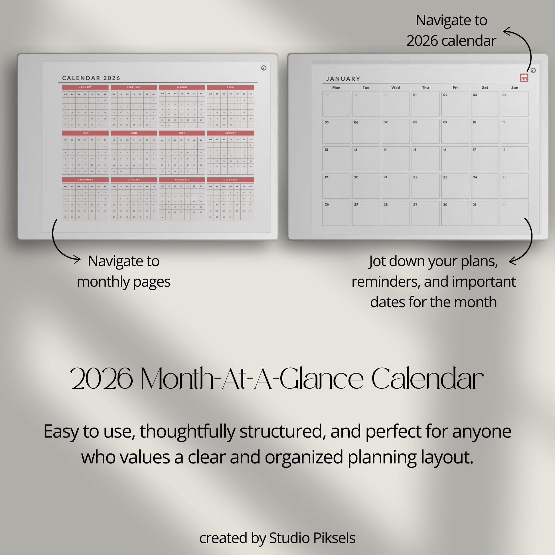 Hyperlinked monthly planner for reMarkable Paper Pro with yearly overview and clean month-at-a-glance calendar pages.